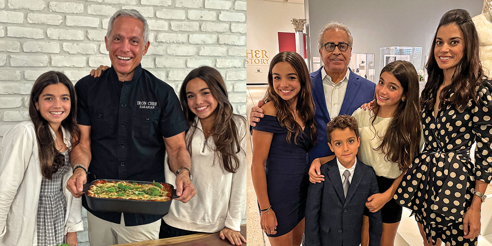 Geoffrey Zakarian is pictured on set earlier this year with his daughters, Anna and Madeline, who co-authored a cookbook (left). Margaret Zakarian is shown with her father, Francis Williams, and her children, Madeline, George and Anna, at the Tampa Museum of Art in 2021 (right).