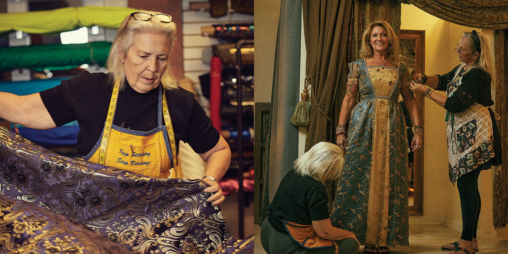 South Tampa Trading Co.'s custom handiwork creates one-of-a-kind, quality costumes. Seamstresses Rosemary Saunders (left) and Cindy “Anna Rosa” Dauck (right) work on outfits for Gasparilla.