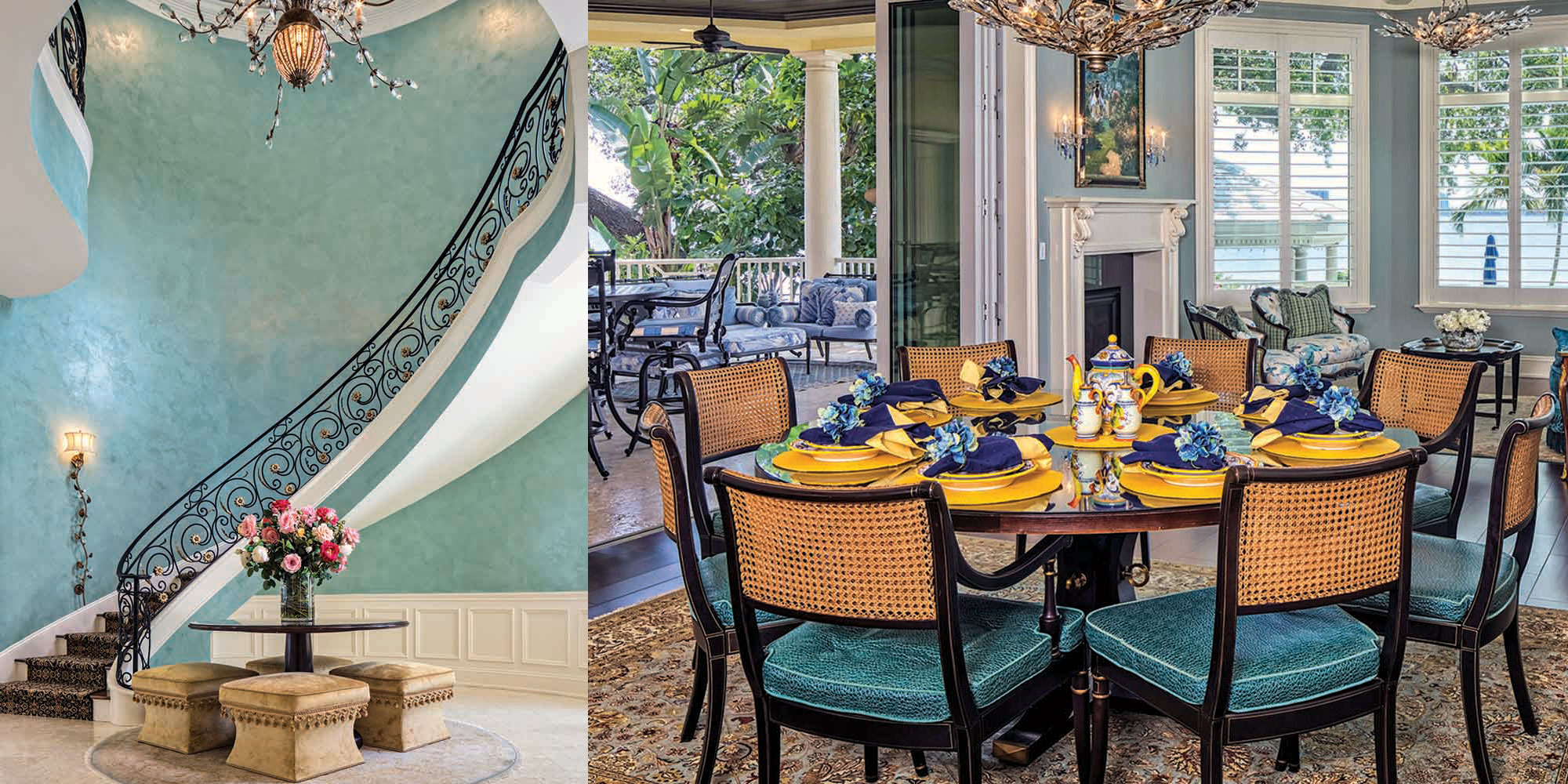 (left) A breathtaking entry foyer features a sophisticated curved staircase, an ornate, dazzling chandelier and a sea-inspired teal wall. (right) The indoor and outdoor spaces were designed to seamlessly flow. A retractable glass wall opens up this breakfast cafe to for easy access to a covered outdoor sitting area.
