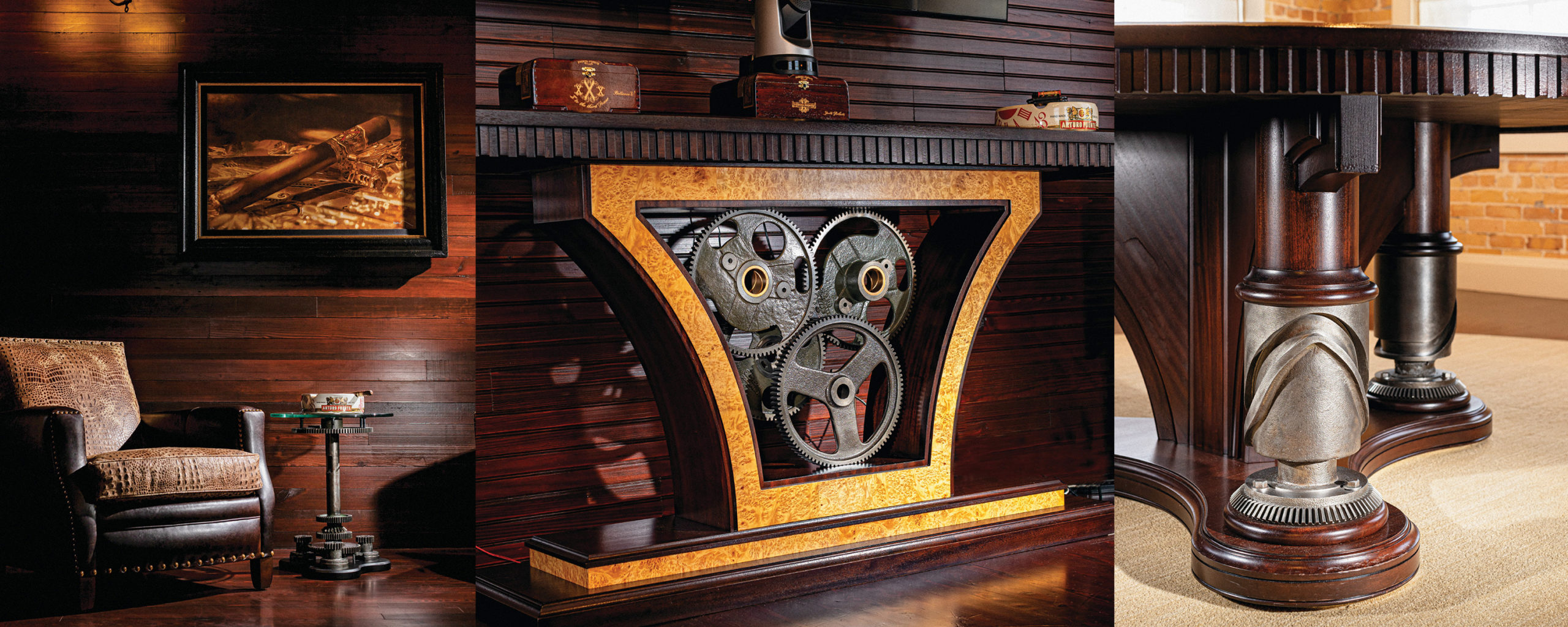 S+L’s craftsmanship is on display with these metal gears from cigar making machines built into furniture for Arturo Fuente Cigars.