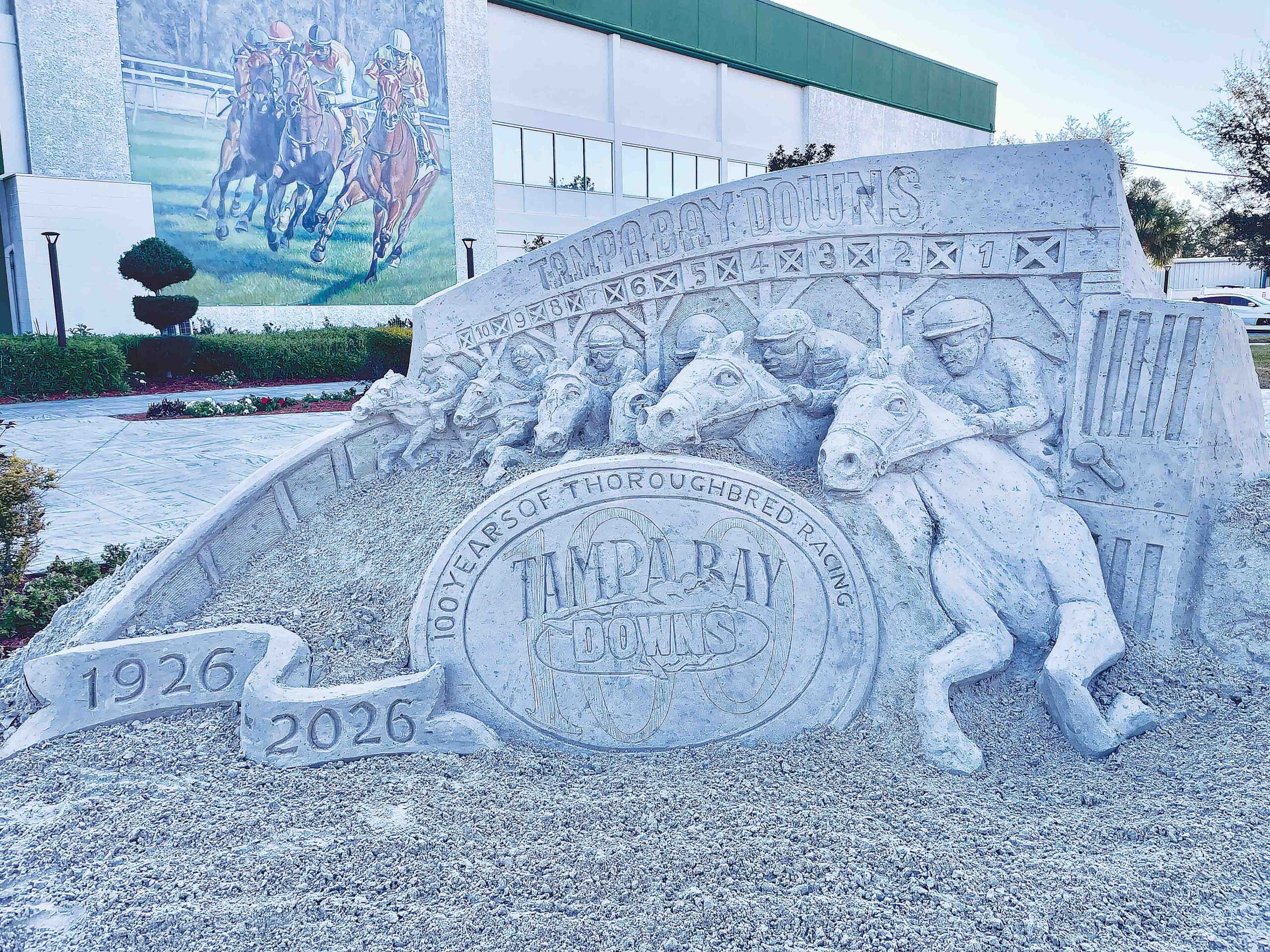 Harsch’s sand sculpture of horses, created for Tampa Bay Downs. 